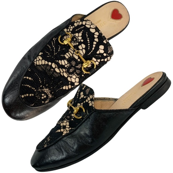 Gucci Princetown Black Calfskin Loafer Leather Horsebit Lace Flats Mules 38 - Picture 1 of 16